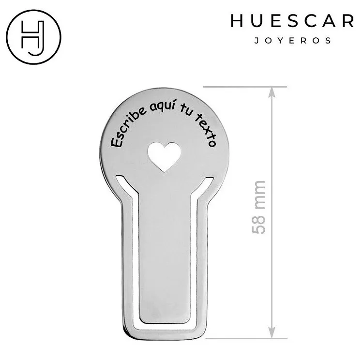 Marcapaginas personalizados con corazón calado en acero inox.