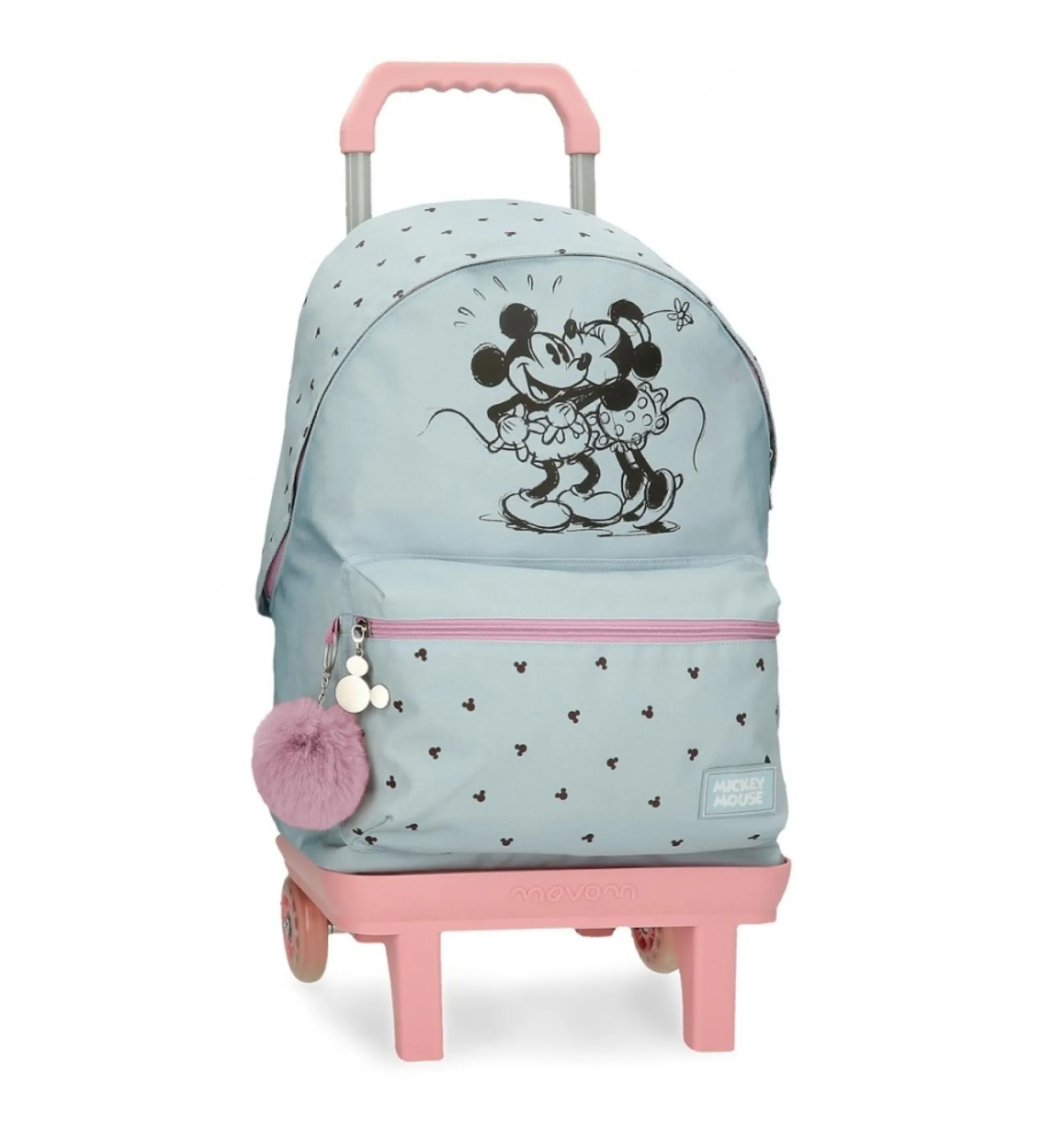 Mochila escolar Mickey y Minnie kisses con portaordenador y carro azul