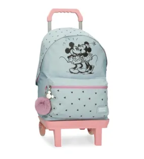 Mochila escolar Mickey y Minnie kisses con portaordenador y carro azul