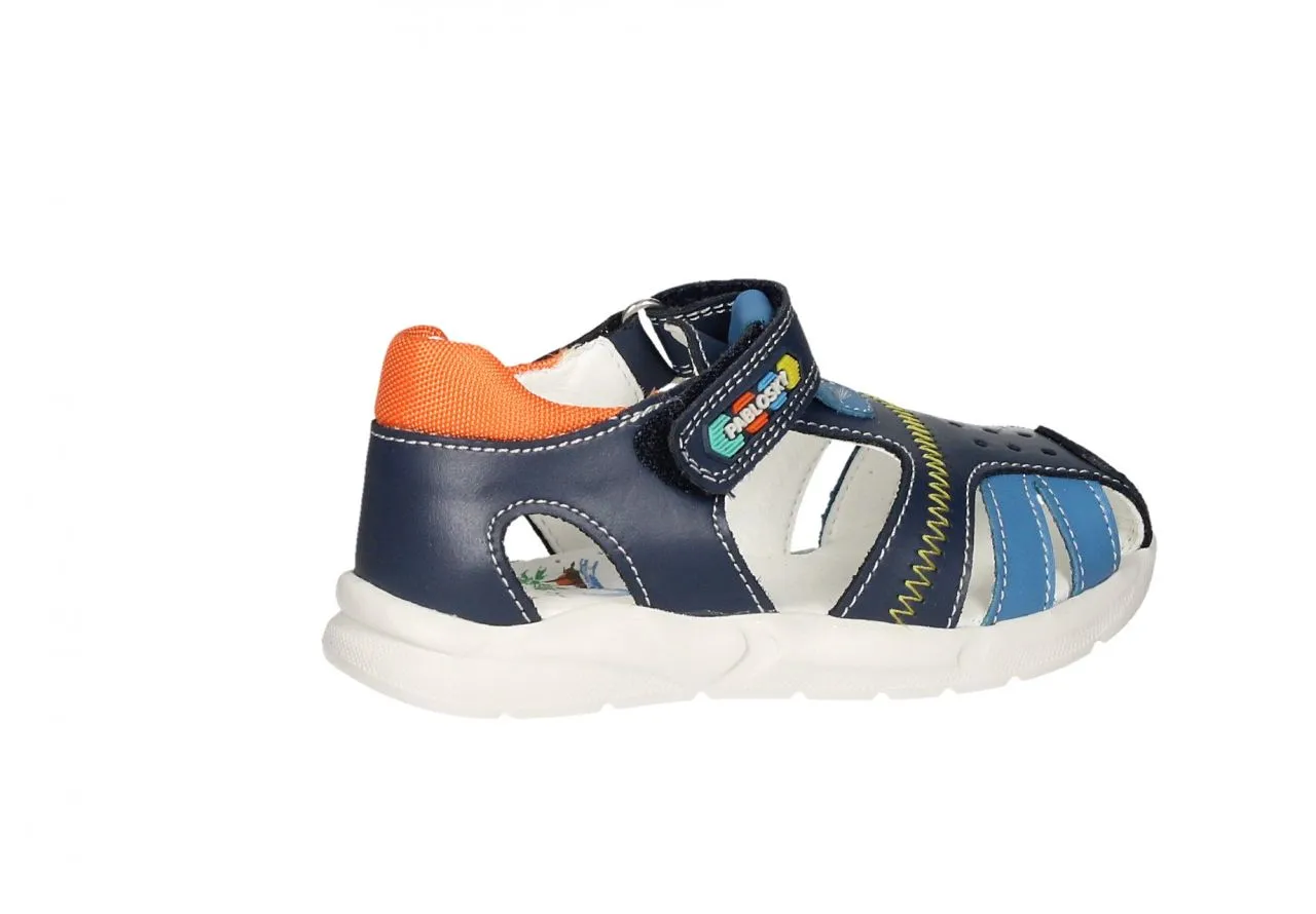 Sandalia Cubierta Piel Velcro Azul Pespuntes Amarillo Talon Naranja