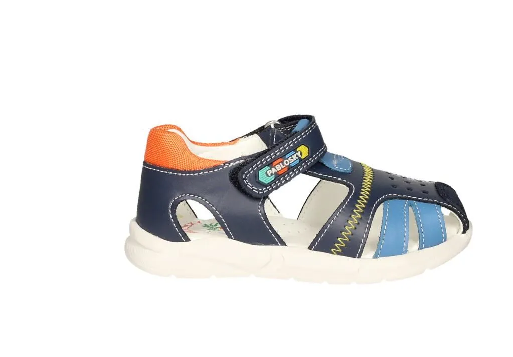 Sandalia Cubierta Piel Velcro Azul Pespuntes Amarillo Talon Naranja