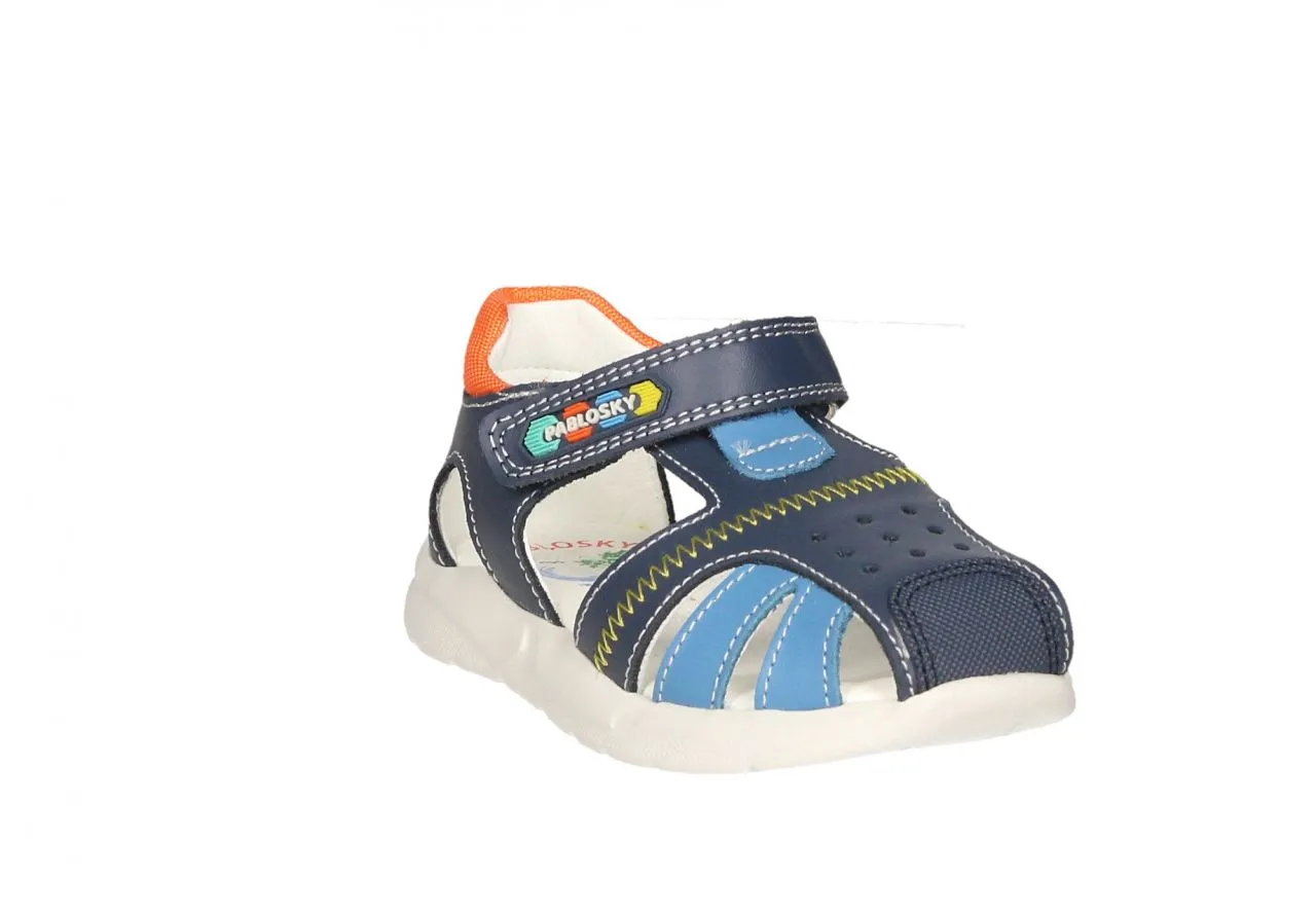 Sandalia Cubierta Piel Velcro Azul Pespuntes Amarillo Talon Naranja