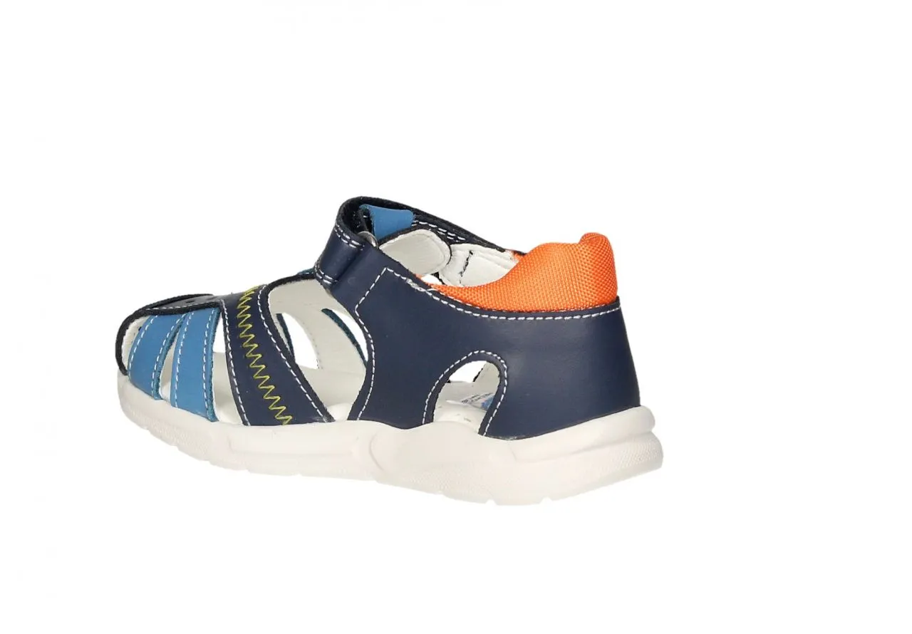 Sandalia Cubierta Piel Velcro Azul Pespuntes Amarillo Talon Naranja