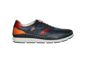 Sneaker Piel Azul Laterales Picados Franja Burdeos Talon Naranja