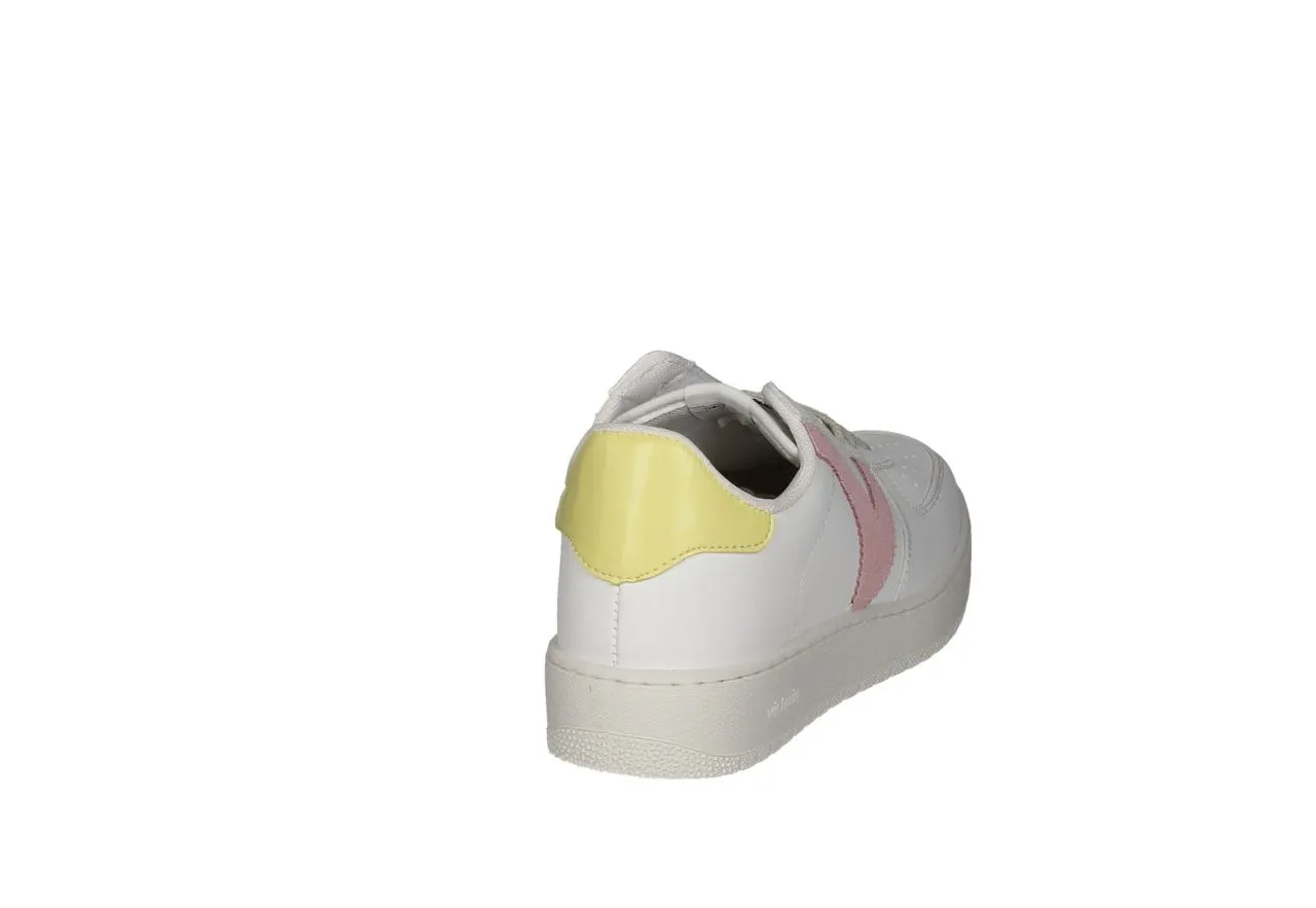 Sneaker Piel Blanco Pala Calados Latera Rosa Talon Amarillo