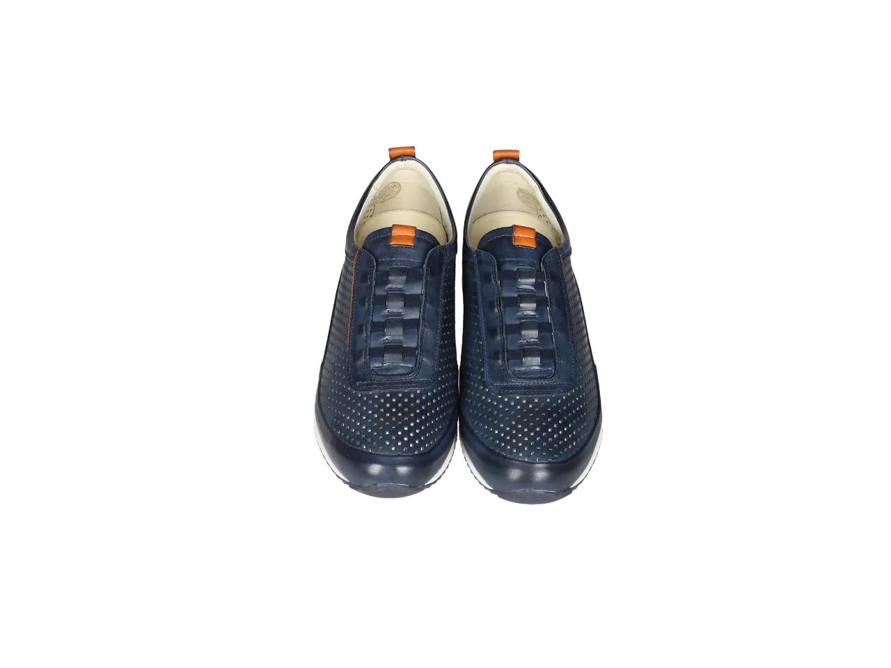 Sneaker Piel Calados Azul Cordon Elastico Pieza Talon Naranja