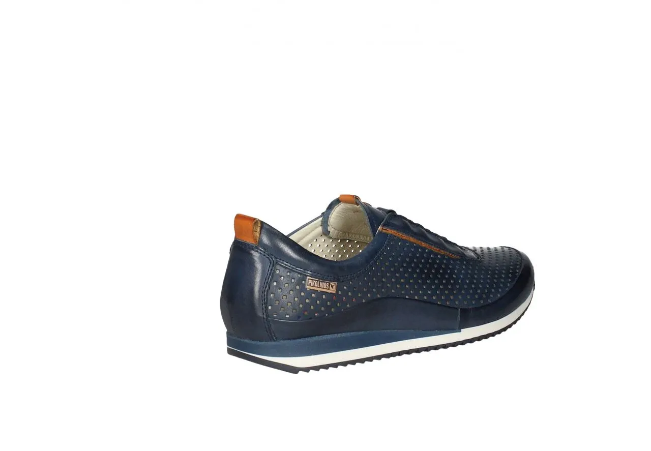 Sneaker Piel Calados Azul Cordon Elastico Pieza Talon Naranja