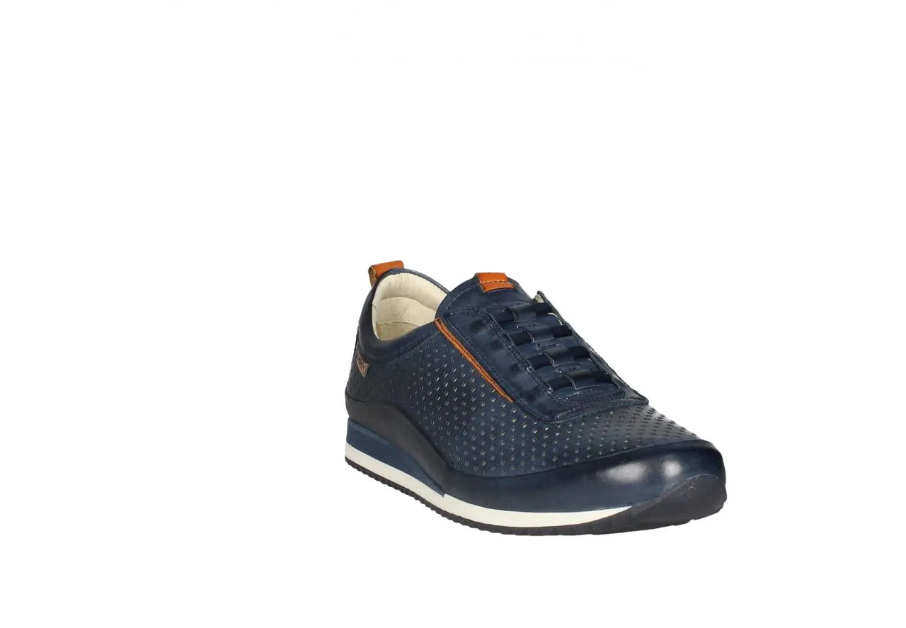 Sneaker Piel Calados Azul Cordon Elastico Pieza Talon Naranja