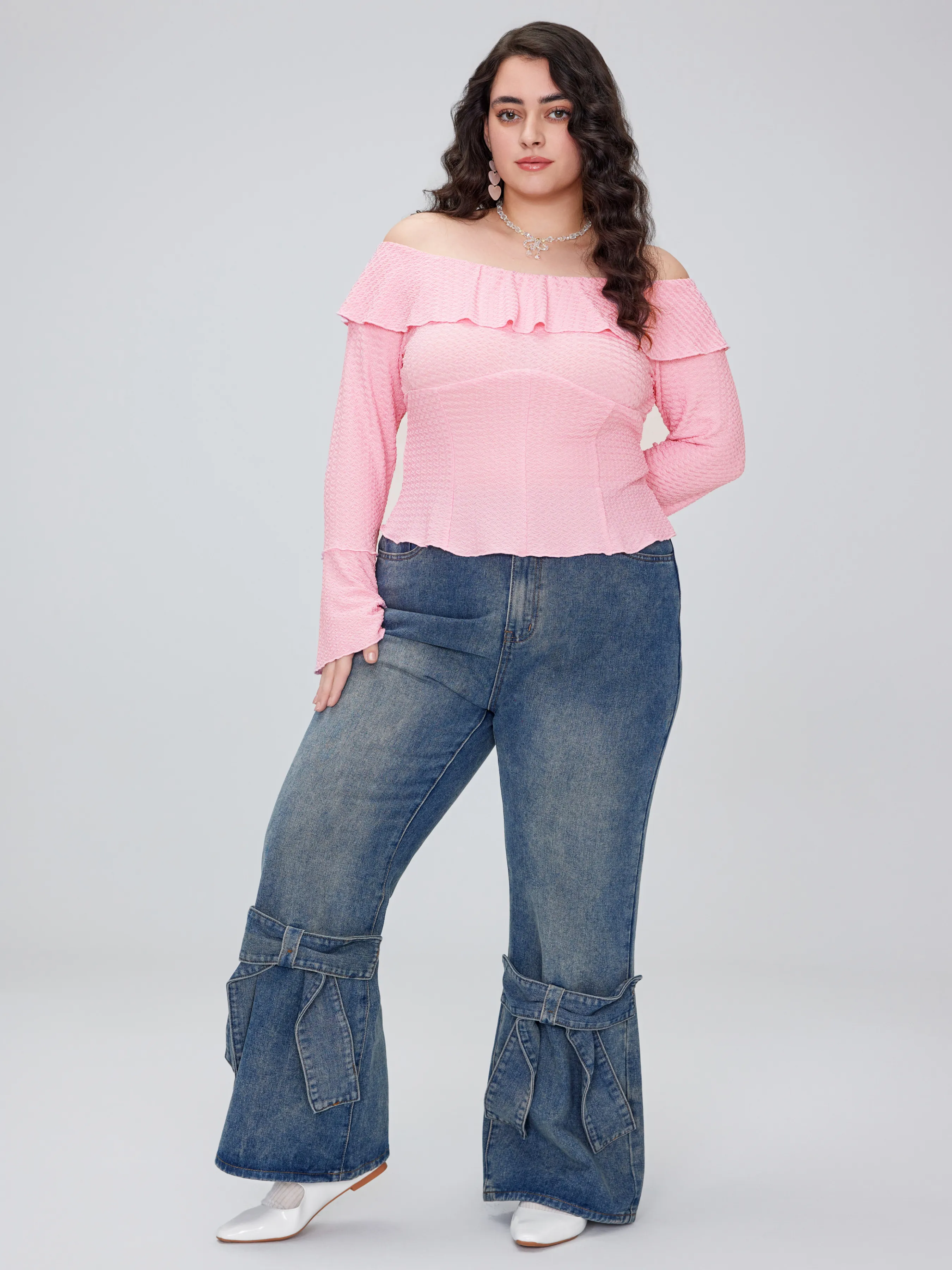  Vaquero Cintura Media Sólido Lazo Jeans Acampanados Curvy